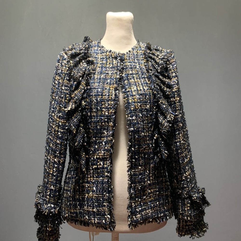 ANN TAYLOR Sz 0 Tweed Jacket Mettalic Fringe Open Jacket